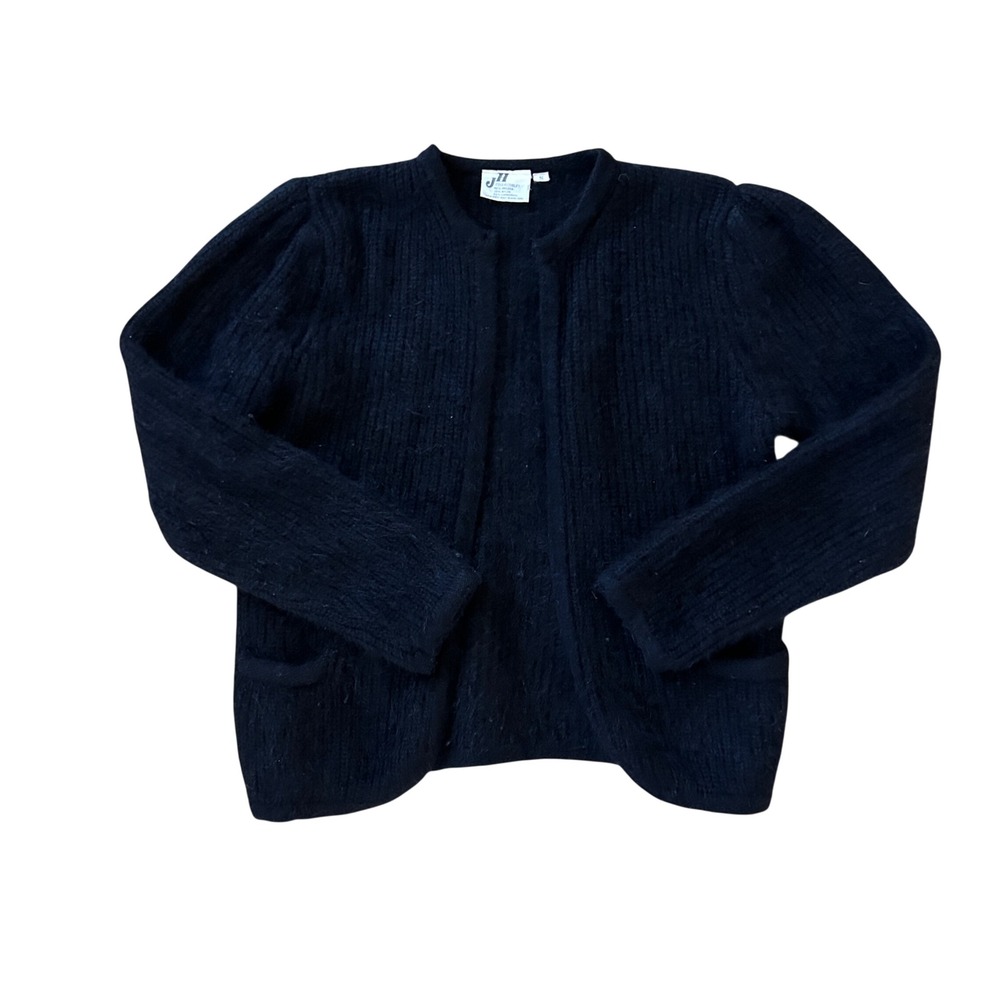 Vintage JH Collectibles Black Angora Lambswool Open Cardigan Puff Sleeve S